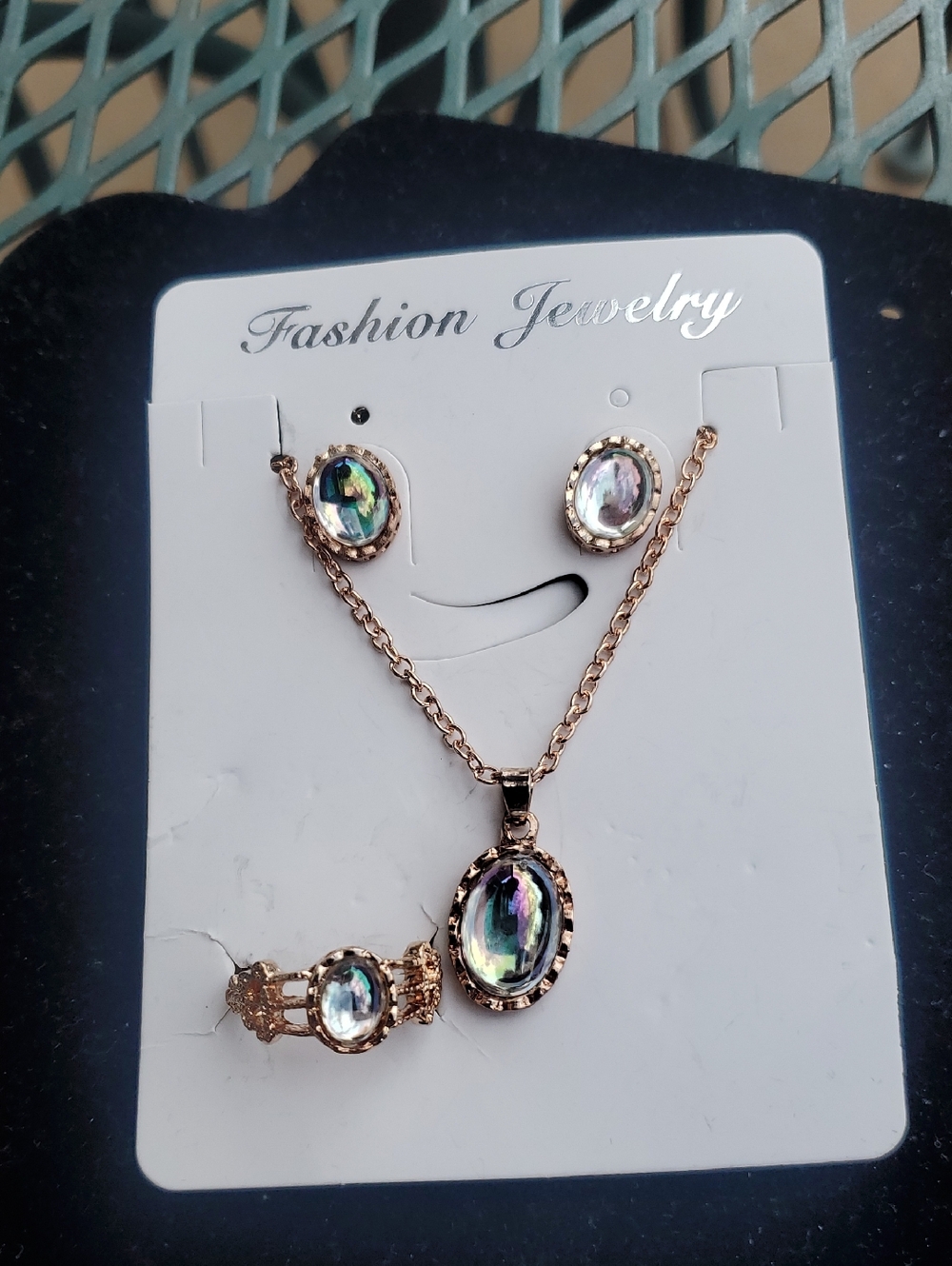 Fashion Jewelry Rose Gold Iridescent Oval Necklace, Earrings & Ring Set